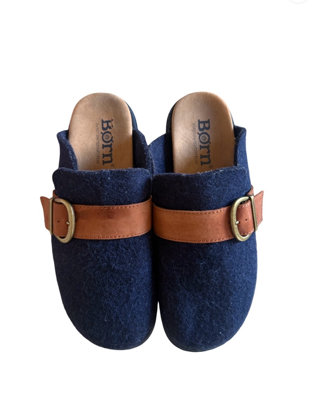 Born Womens Clogs Size 8 Navy Blue Wool Felt Brown Buckle Slip On Mules - Picture 2 of 5